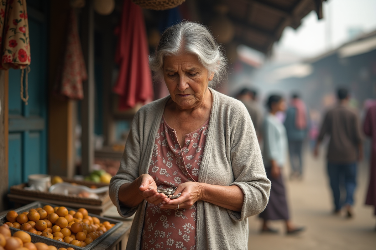 Femme âgée comptant des pièces dans un marché en plein air