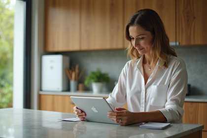 Femme d'âge moyen vérifiant ses factures d'énergie dans la cuisine