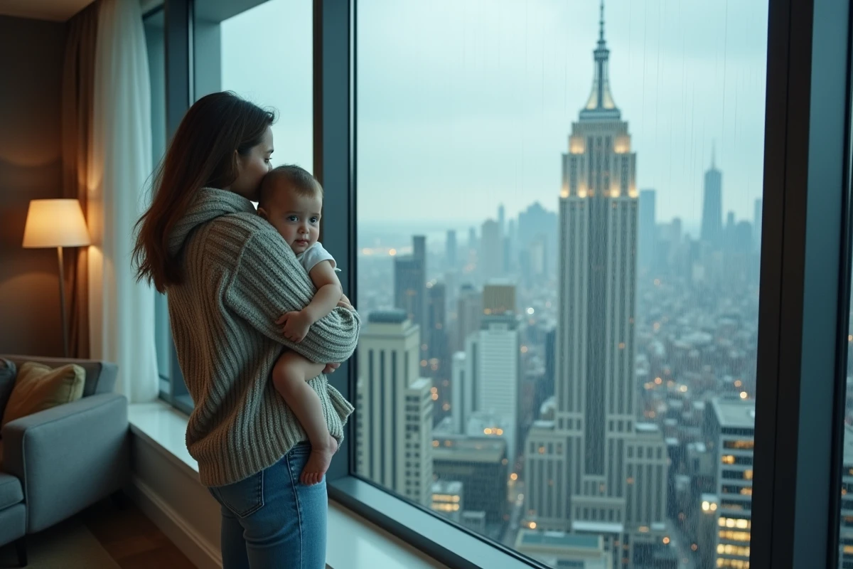 Femme avec enfant regardant la vague depuis un appartement