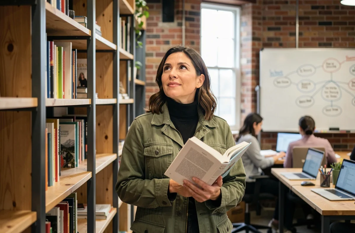 Femme entrepreneur inspirée tenant un livre de citations dans un espace de coworking avec bibliothèque en bois