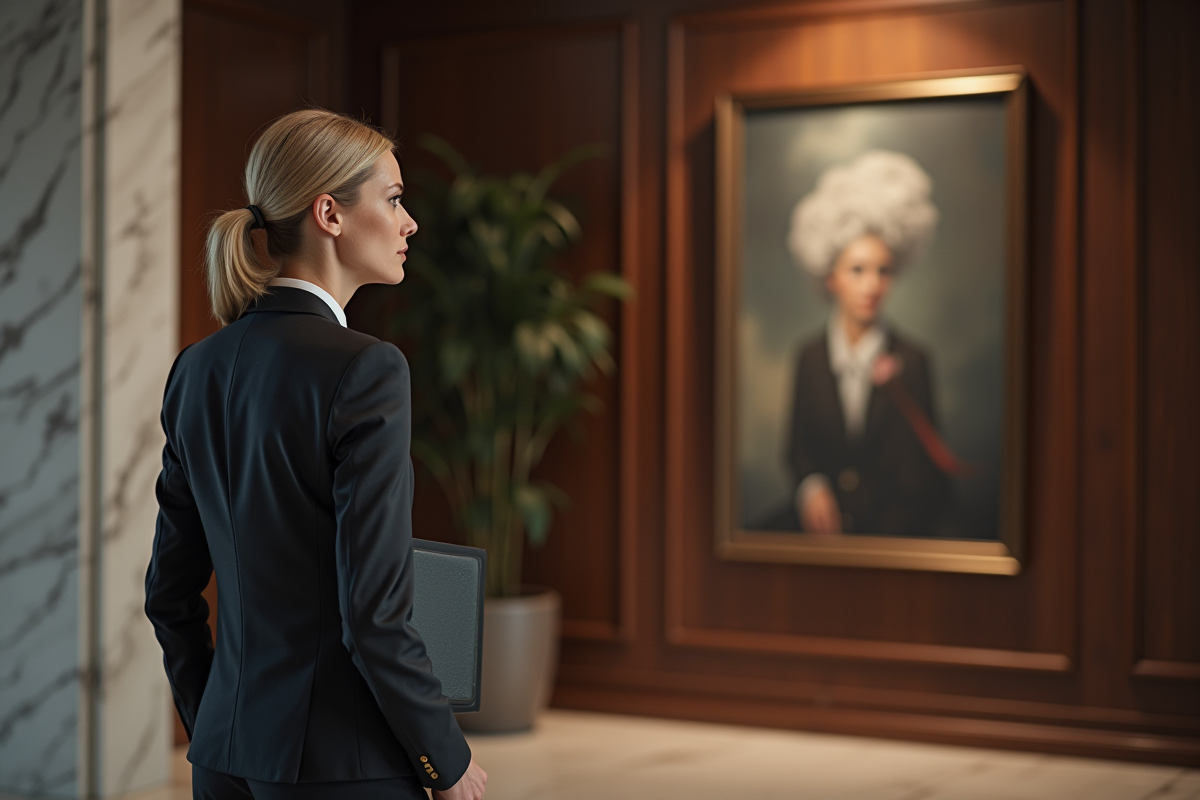 Femme d affaires contemplant une peinture dans un hall moderne