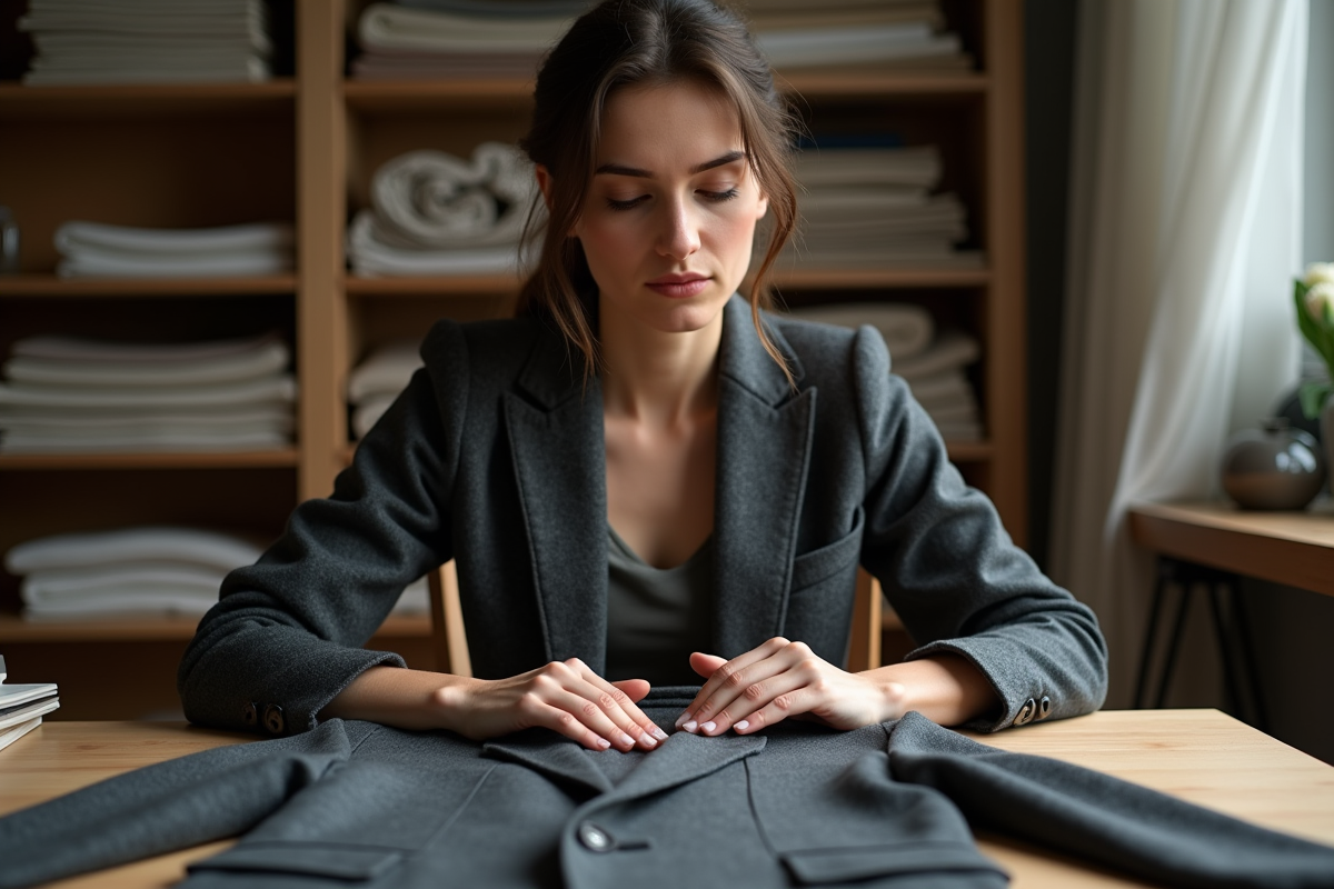 Femme analysant un blazer en laine dans un atelier textile