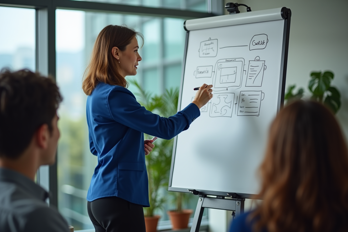 Femme d affaires expliquant un diagramme dans un bureau moderne