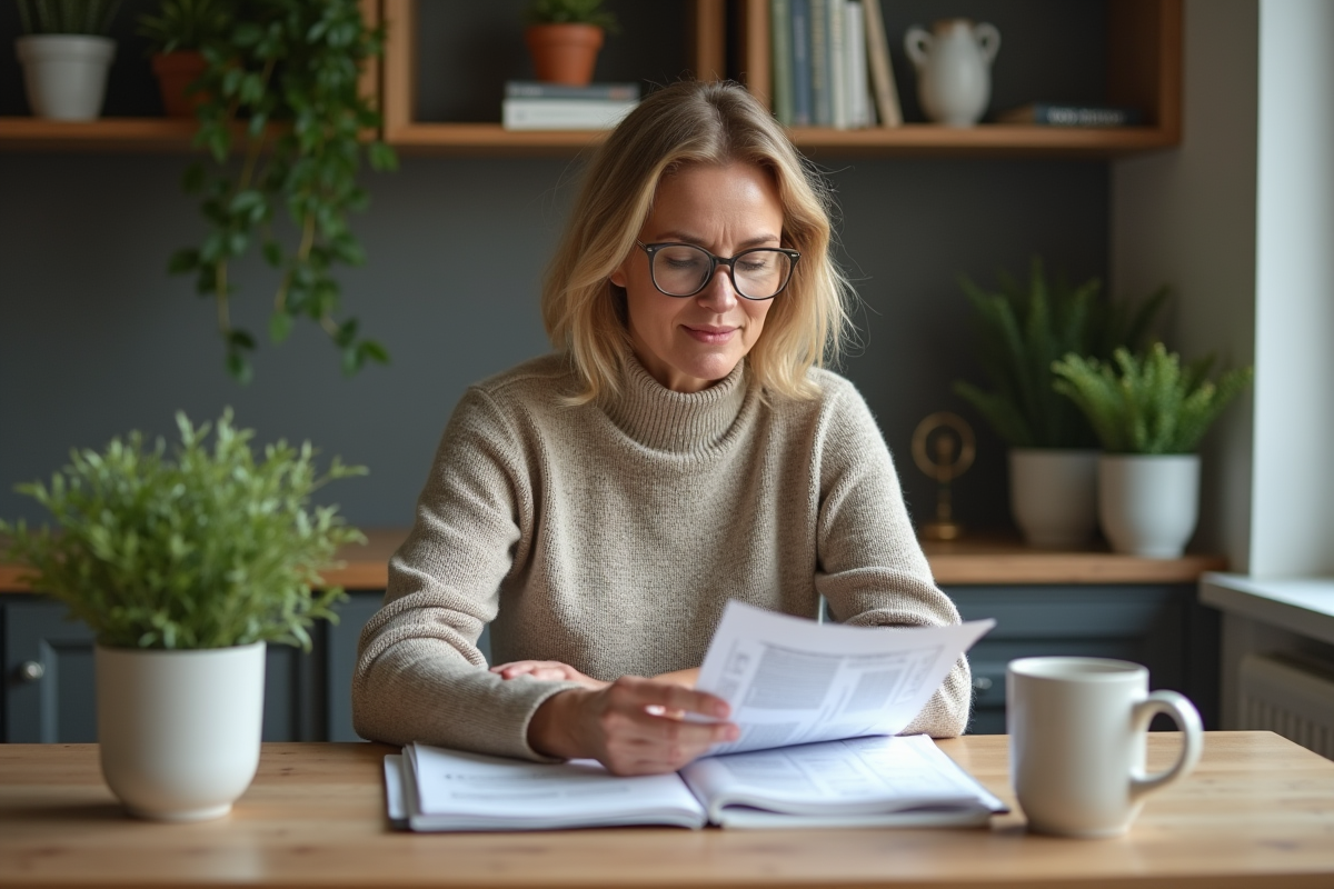 Femme d'âge moyen consulte documents financiers à la maison