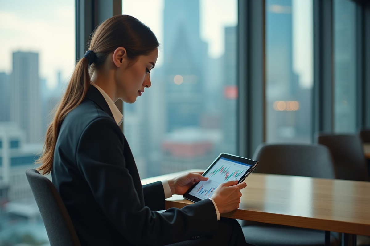 Jeune femme d'affaires examinant des graphiques financiers sur une tablette