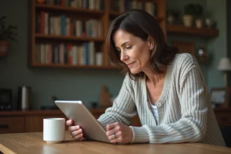 Femme française concentrée sur un puzzle de mots sur tablette
