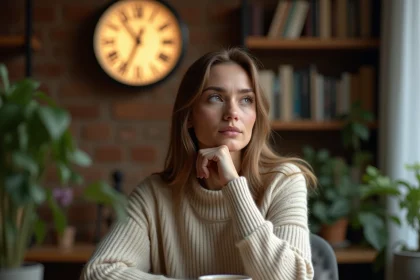 Femme contemplative regardant une horloge affichant 18h18 dans un bureau cosy, symbolisant la signification des heures miroirs