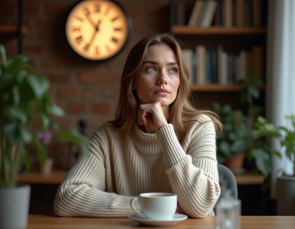 Femme contemplative regardant une horloge affichant 18h18 dans un bureau cosy, symbolisant la signification des heures miroirs