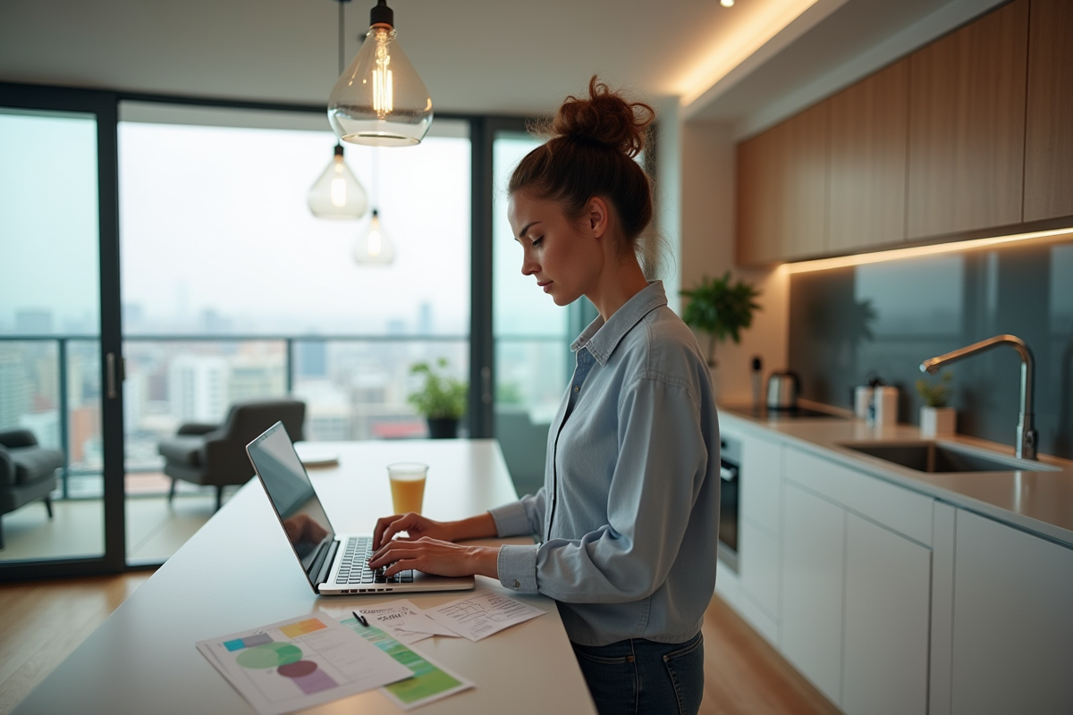 Jeune femme professionnelle consulte des feuilles de rendement locatif