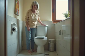 Femme inquiète devant une toilette débordante dans une salle de bain moderne