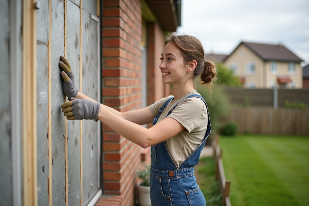 Jeune femme inspectant une isolation extérieure de maison
