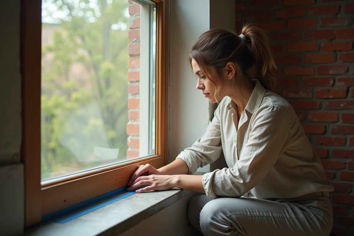 Femme scelle une fenêtre avec de l