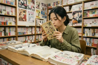 Femme lisant un manga vintage dans une librairie japonaise, redécouvrant l'œuvre originale avec un regard d'auteur