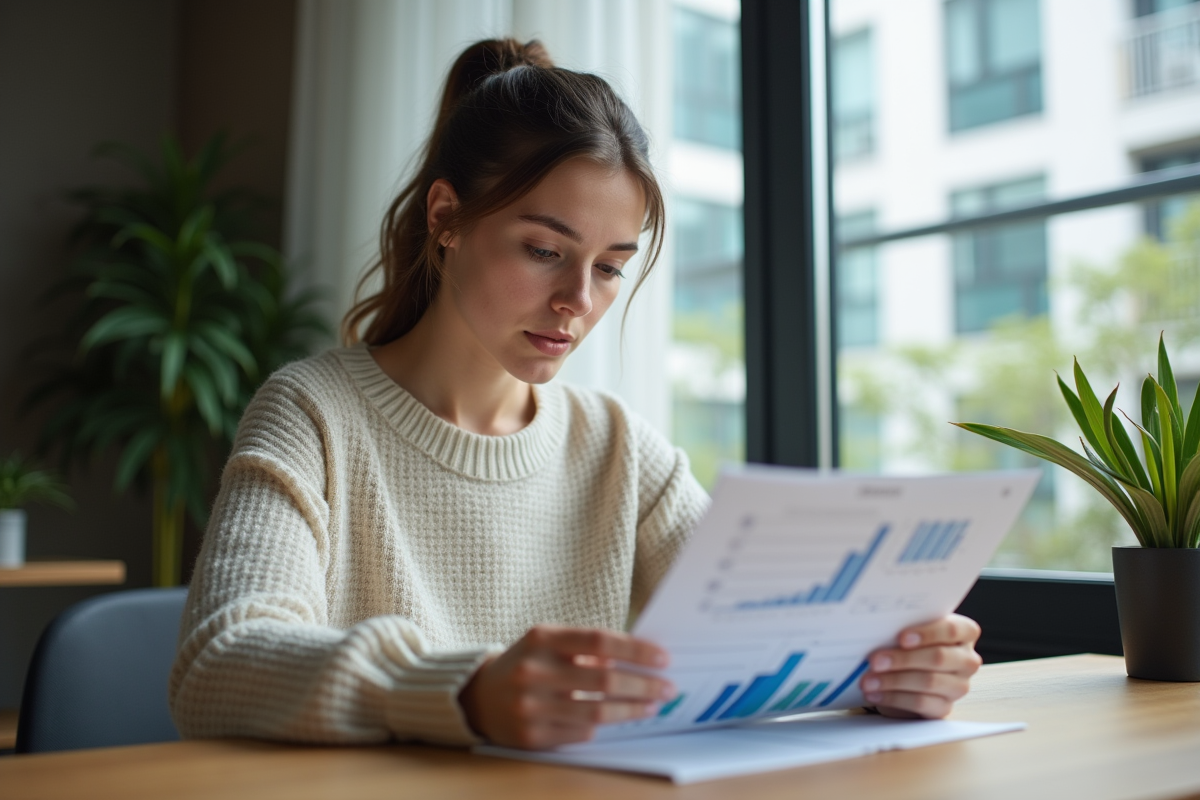 Jeune femme lit rapport sur panneaux solaires en intérieur