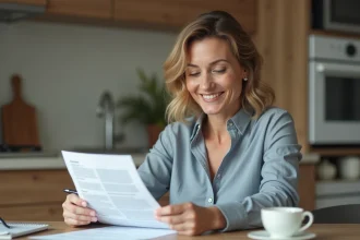 Femme d'âge moyen examinant des documents de prêt à la maison