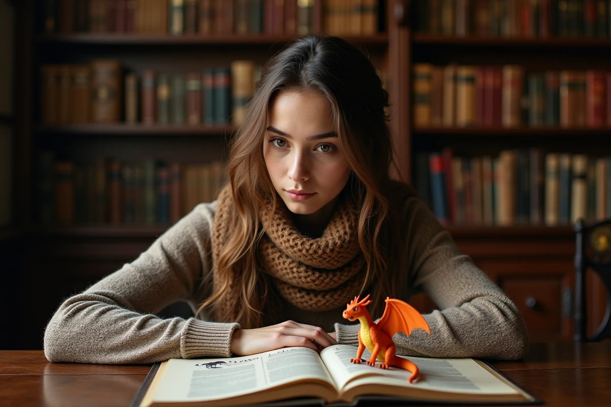 Jeune femme lisant un livre avec figurine de dragon dans une bibliothèque