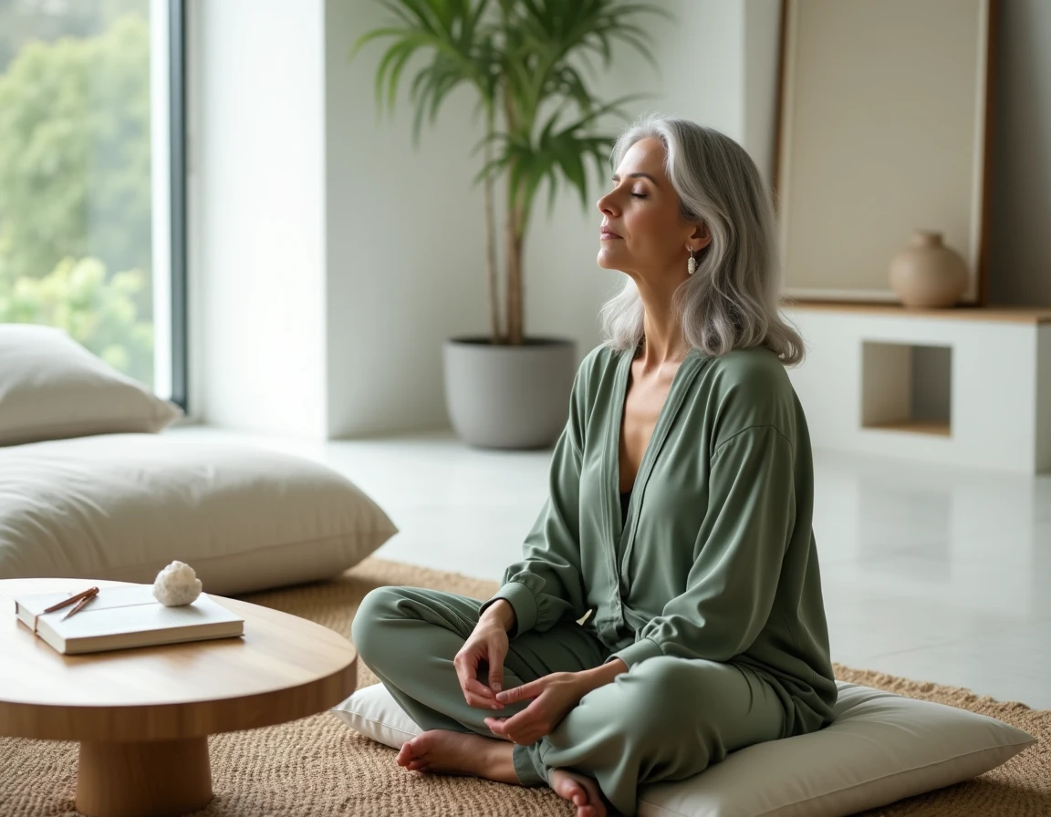 Femme en méditation avec un journal et un cristal, illustrant la réflexion spirituelle autour de la signification cachée de 18h18