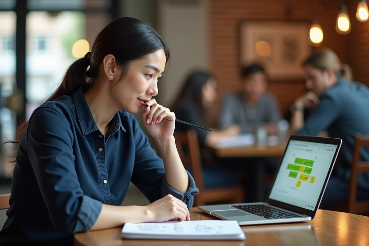 Femme prenant des notes de stratégie Wordle dans un café avec méthode experte pour résoudre le puzzle en trois tentatives
