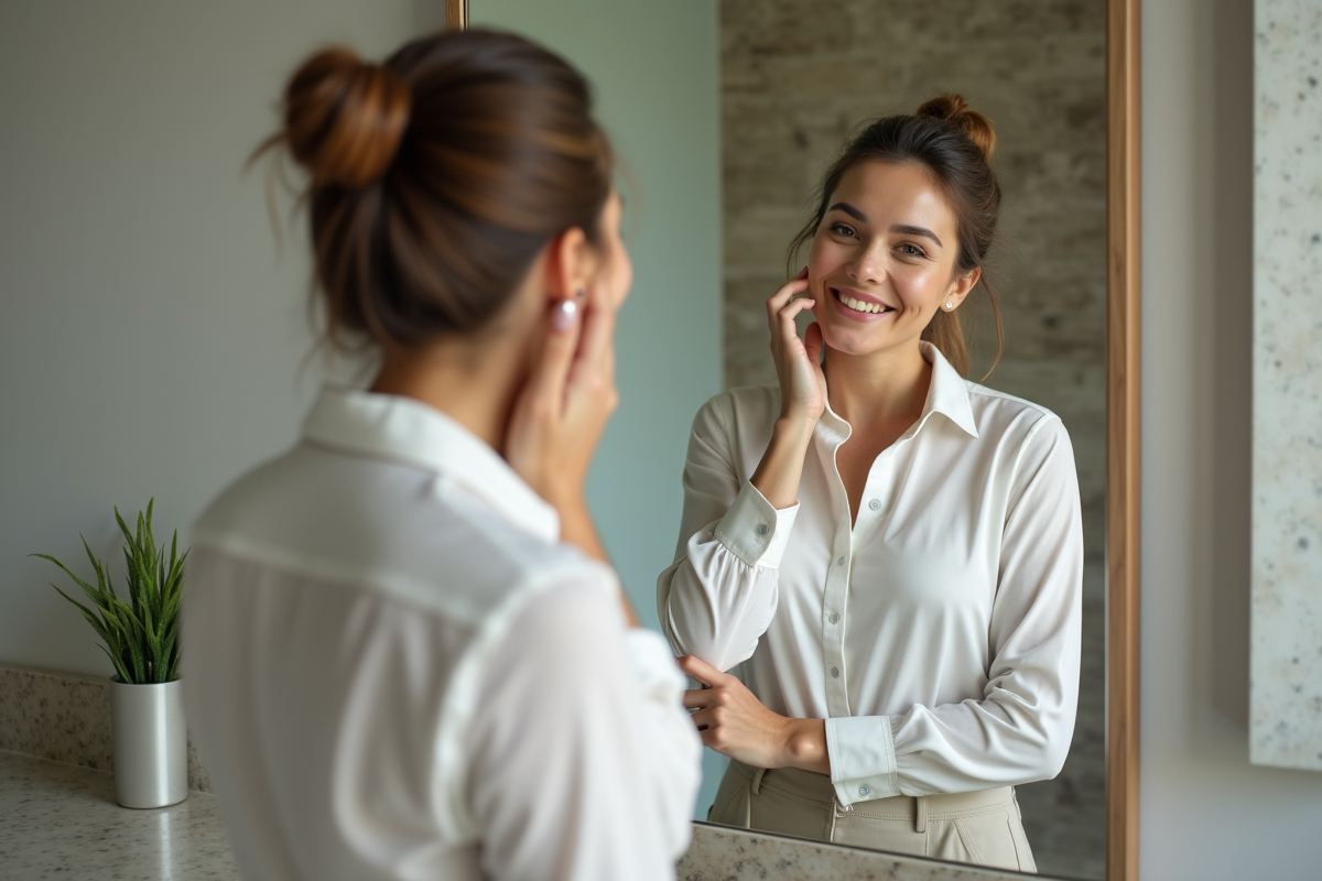 Femme confiante dans sa salle de bain lumineuse