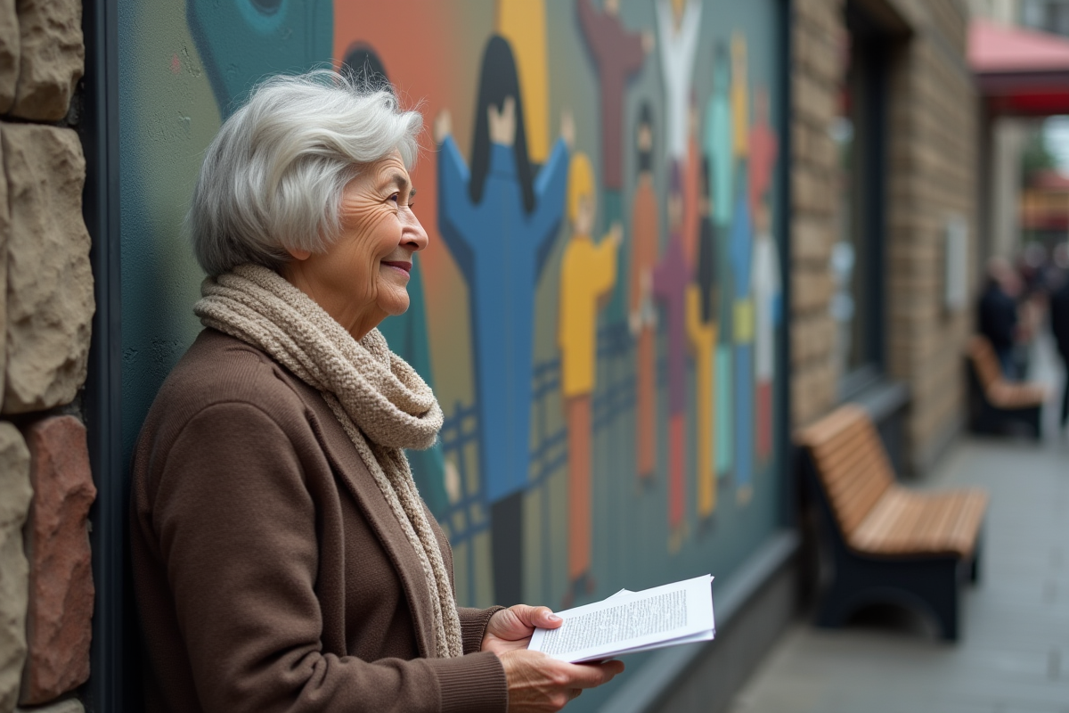 Femme contemplant une fresque urbaine artistique
