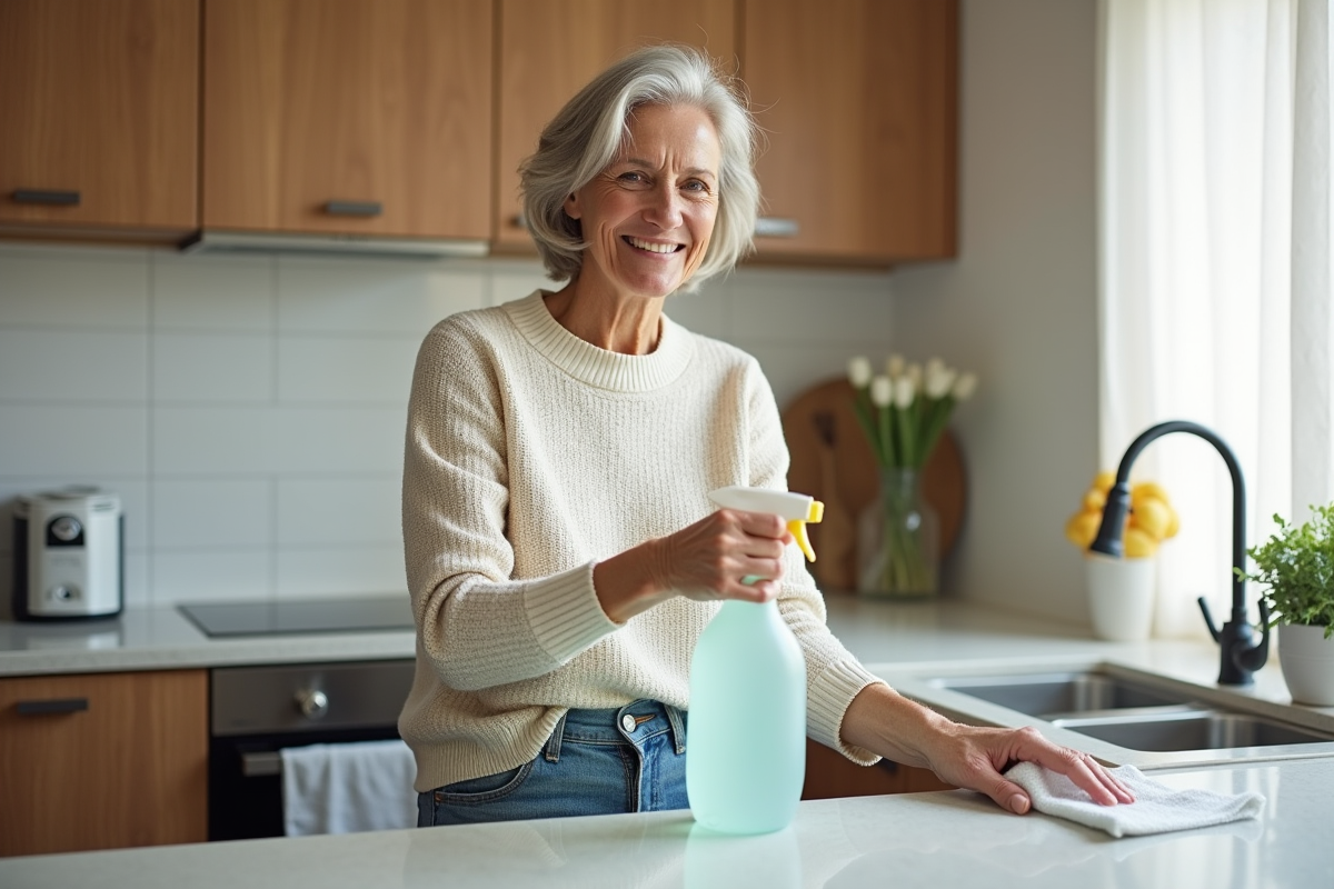 Femme en jeans et pull doux nettoyant la cuisine