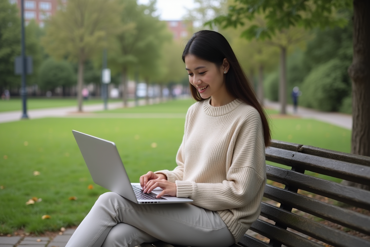Jeune femme travaillant sur son ordinateur dans un parc