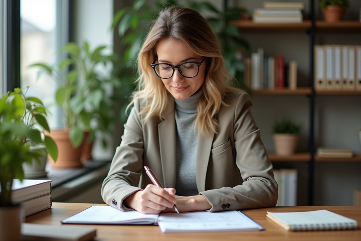 Femme organisée planifiant dans un bureau lumineux