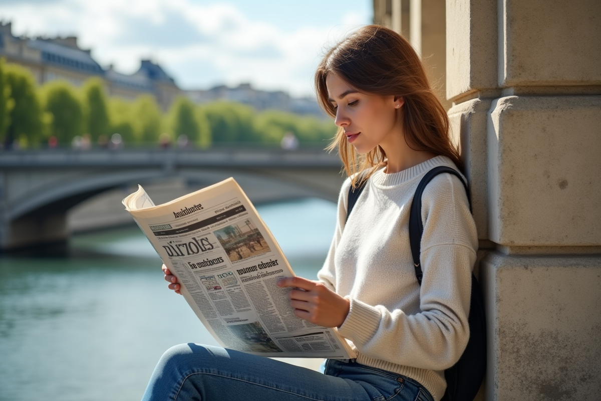 Jeune femme lisant un journal sur la Seine à Paris