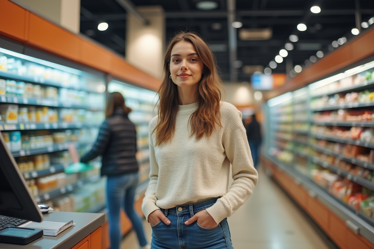Jeune femme scannant ses courses au supermarché
