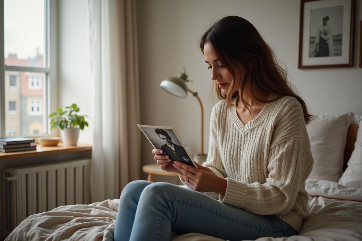 Femme regardant une vieille photo dans sa chambre chaleureuse