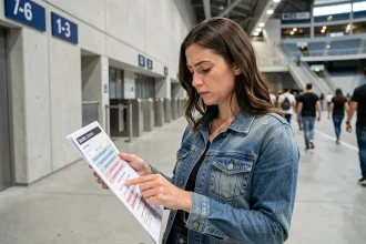 Femme consultant un plan de salle de concert dans le couloir d'une grande salle de spectacle