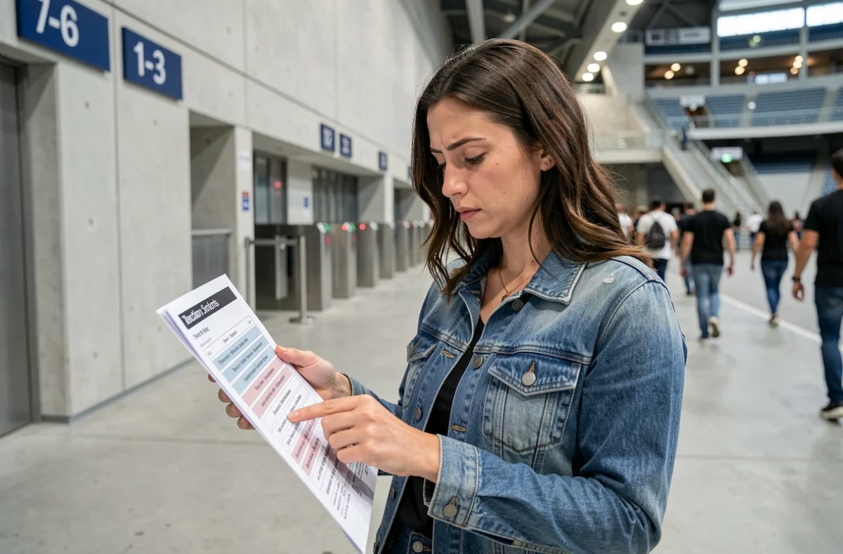 Femme consultant un plan de salle de concert dans le couloir d'une grande salle de spectacle