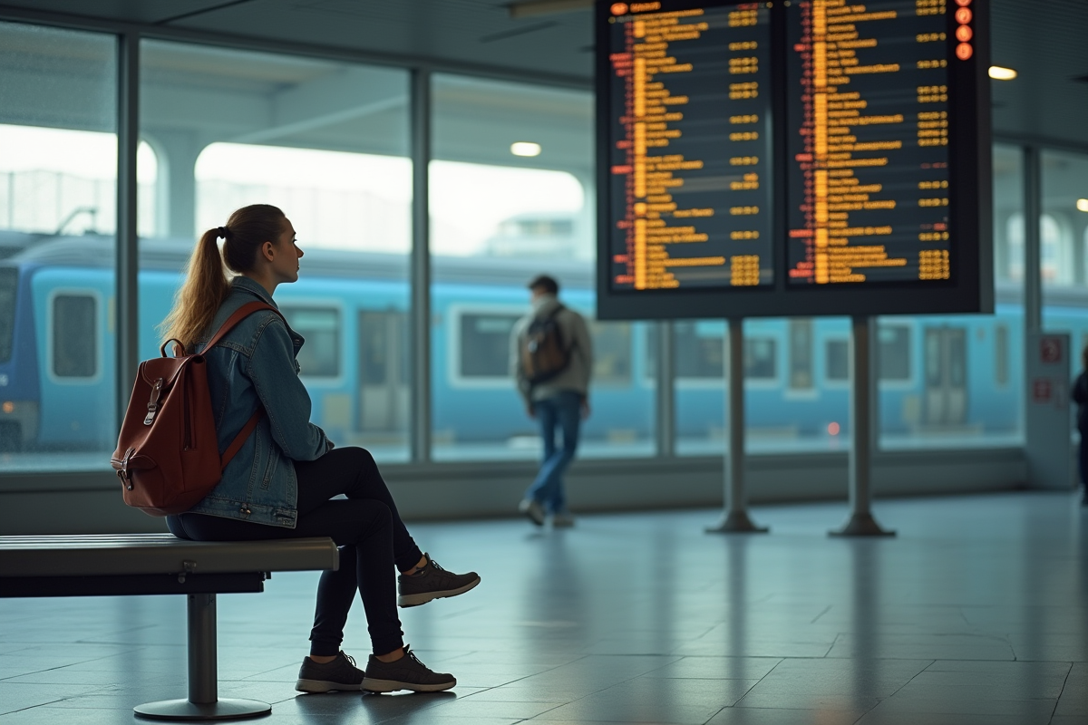 Jeune femme assise sur une banquette de gare TGV regardant le tableau