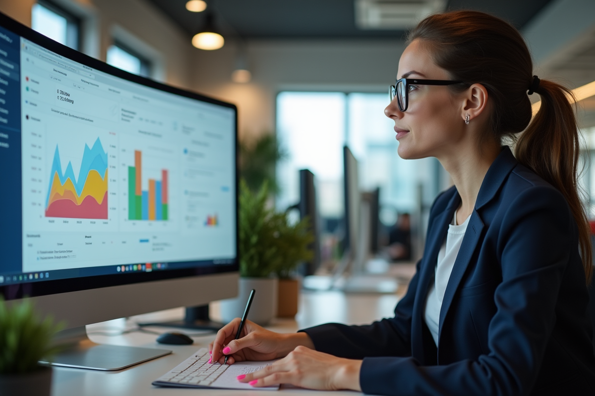 Femme professionnelle étudiant un tableau CRM au bureau