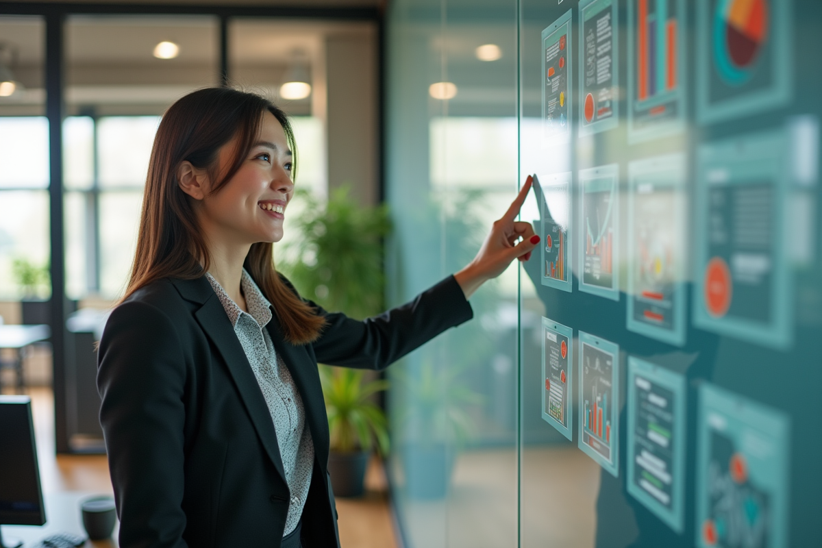 Jeune femme professionnelle pointant des icônes écologiques