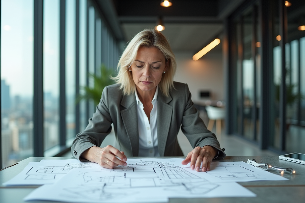 Femme d affaires examine des croquis et plans numériques