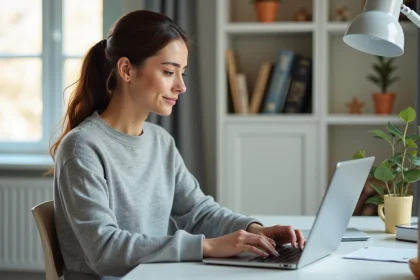 Femme consultant le site Gospi sur un ordinateur portable dans un bureau à domicile moderne pour trouver des bons plans et infos pratiques en 2026