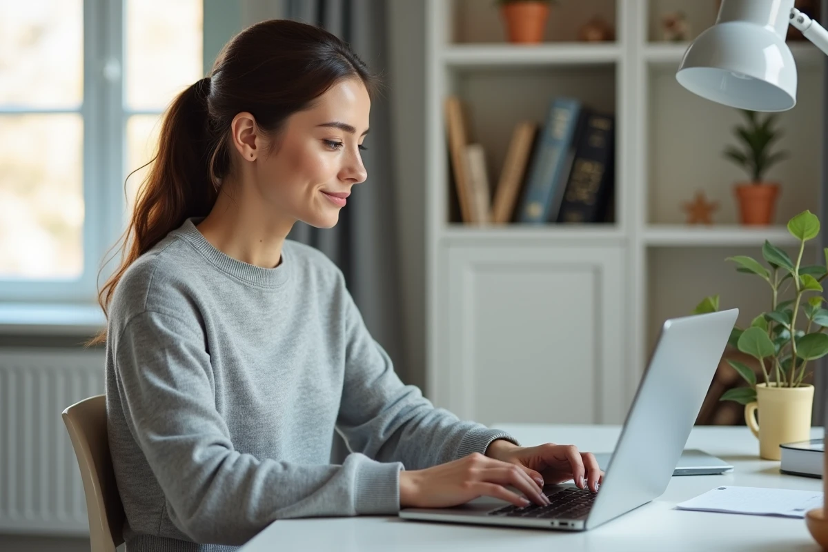 Femme consultant le site Gospi sur un ordinateur portable dans un bureau à domicile moderne pour trouver des bons plans et infos pratiques en 2026