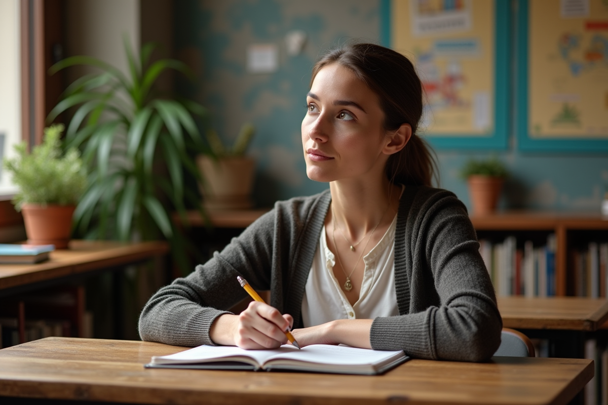 Femme réfléchie prenant des notes dans un cours