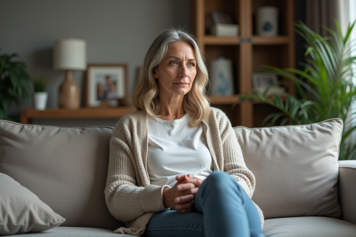 Femme d'âge moyen pensive dans un salon moderne