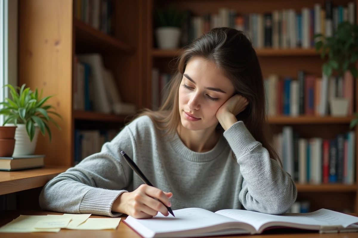 Jeune femme corrigeant une règle grammaticale française dans un cahier, entourée de livres de grammaire sur un bureau en bois