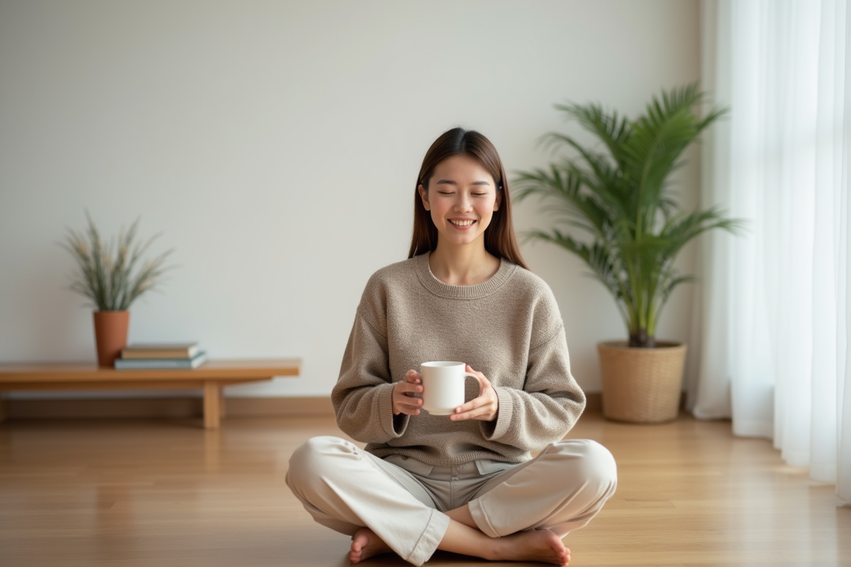 Jeune femme détendue dans un salon minimaliste
