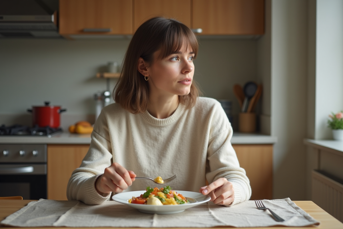 Femme en cuisine en train de manger pensivement
