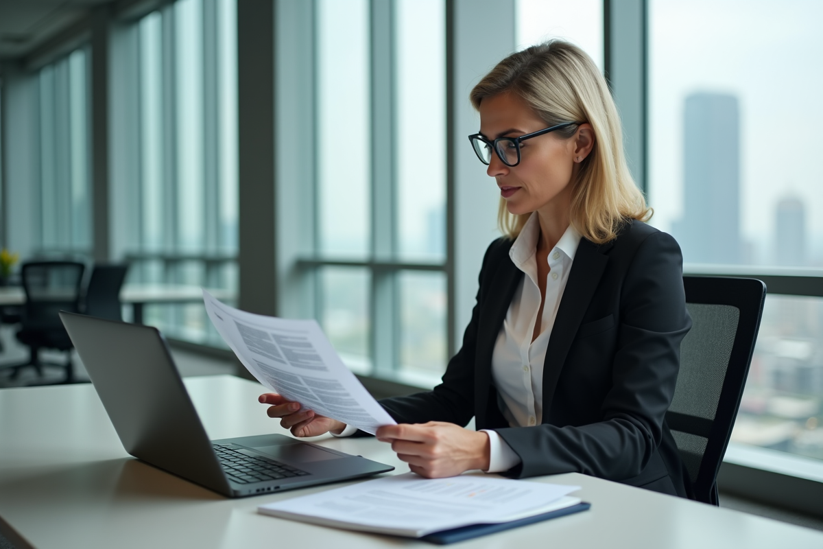 Femme responsable RH examinant des documents de teletravail