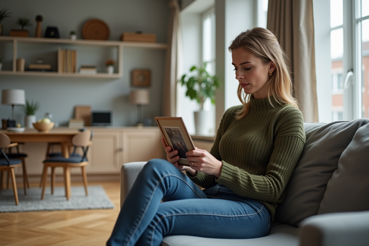 Femme en sweater olive dans un salon moderne contemplant une photo