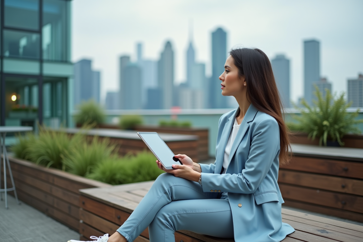 Femme assise dans un jardin urbain avec tablette et skyline
