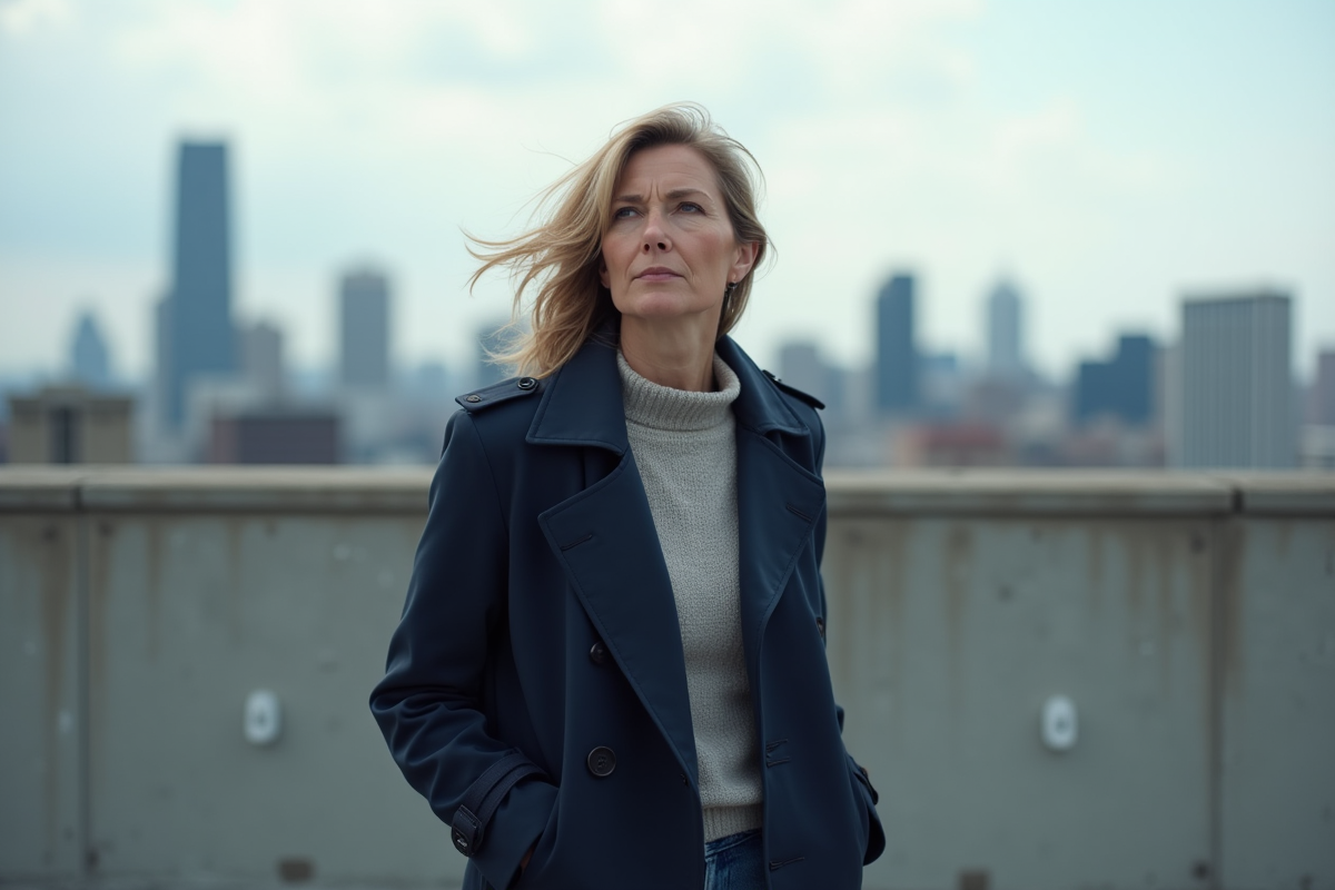 Femme debout sur un toit urbain venteux regardant la ville