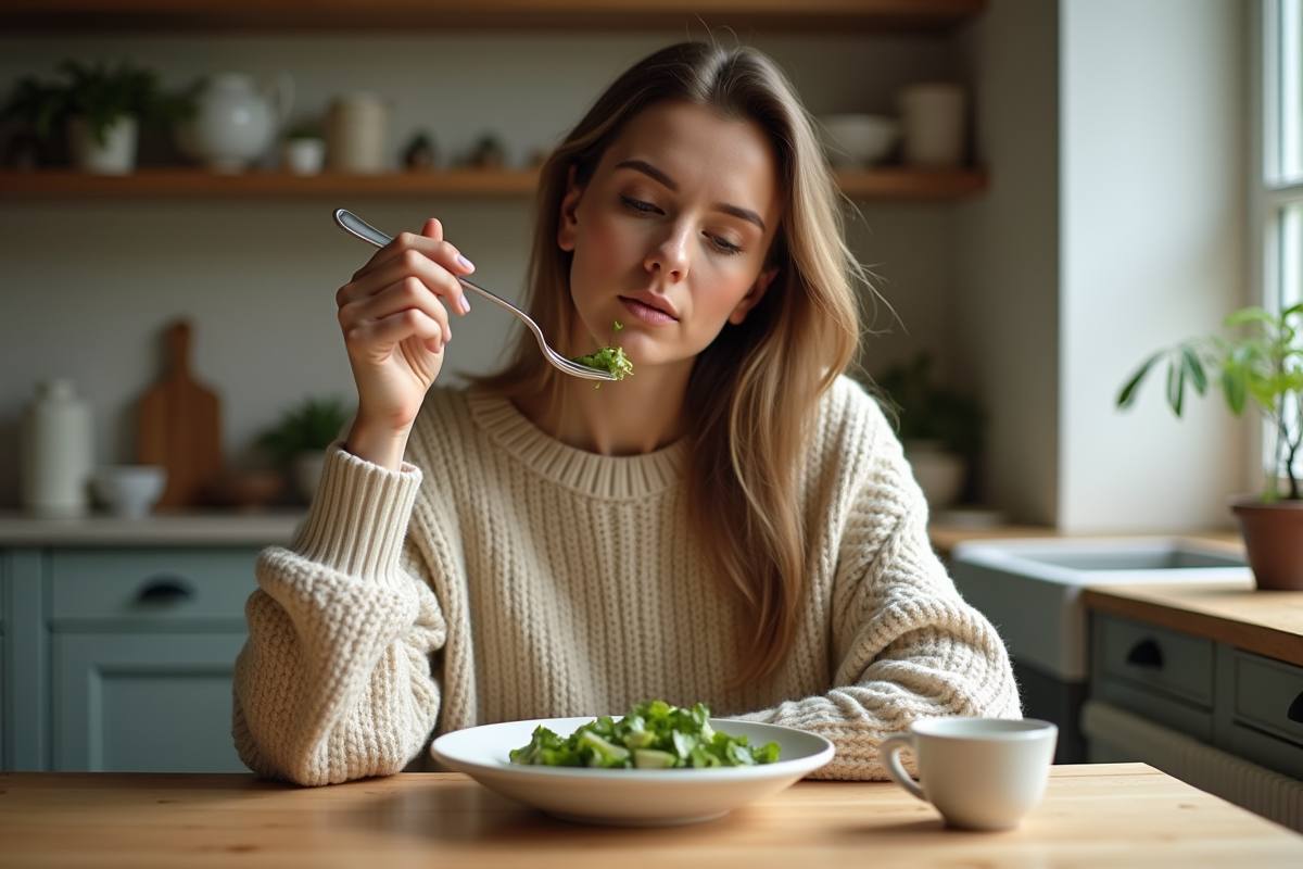 Femme en sweater beige mangeant une salade dans une cuisine chaleureuse