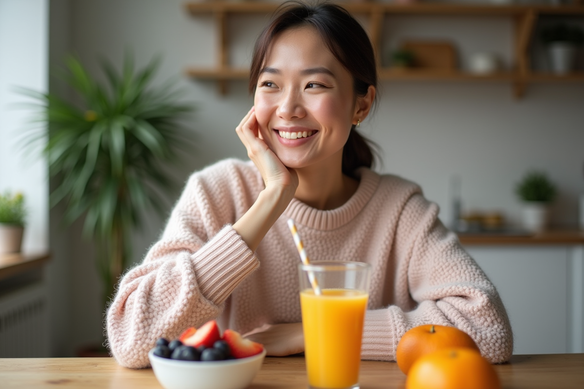 Femme souriante tenant un verre de jus d'orange frais dans la cuisine