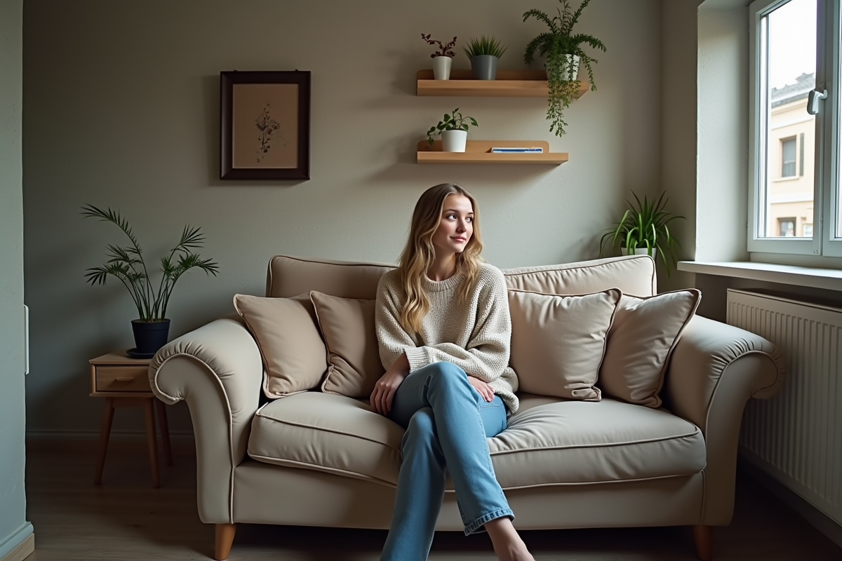 Jeune femme assise dans un salon de location confortable